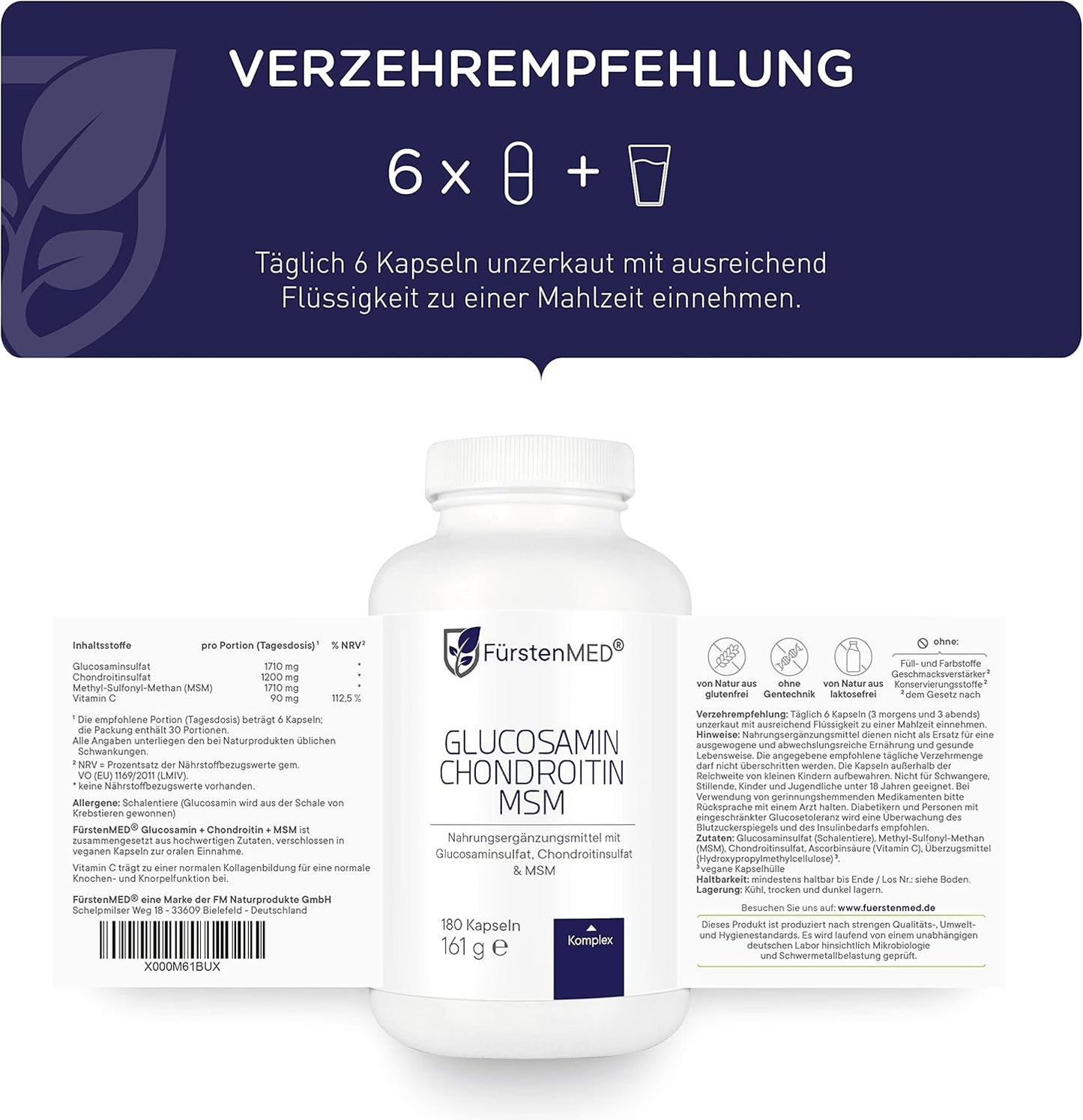 Glucosamine Chondroitin MSM Supplement for Bone & Cartilage Health - Joint Support with Vitamin C - 180 Capsules by FürstenMED