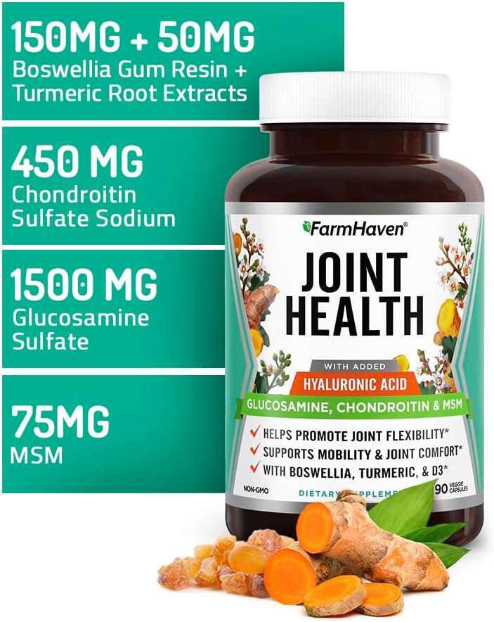 Glucosamine Chondroitin MSM Supplement with Turmeric & Boswellia for Joint Health - 90 Capsules | Non-GMO & Gluten Free