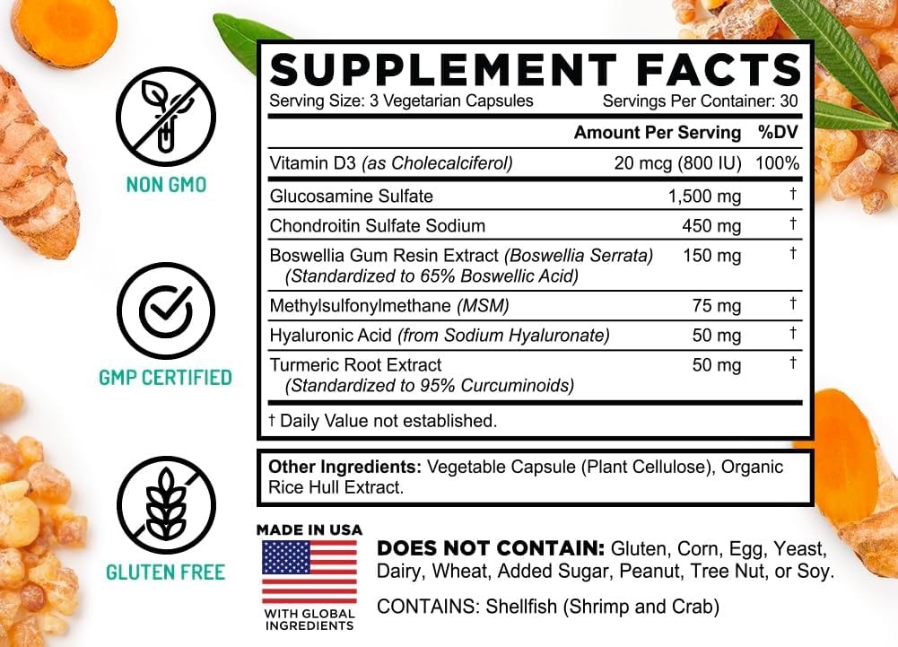 Glucosamine Chondroitin MSM Supplement with Turmeric & Boswellia for Joint Health - 90 Capsules | Non-GMO & Gluten Free