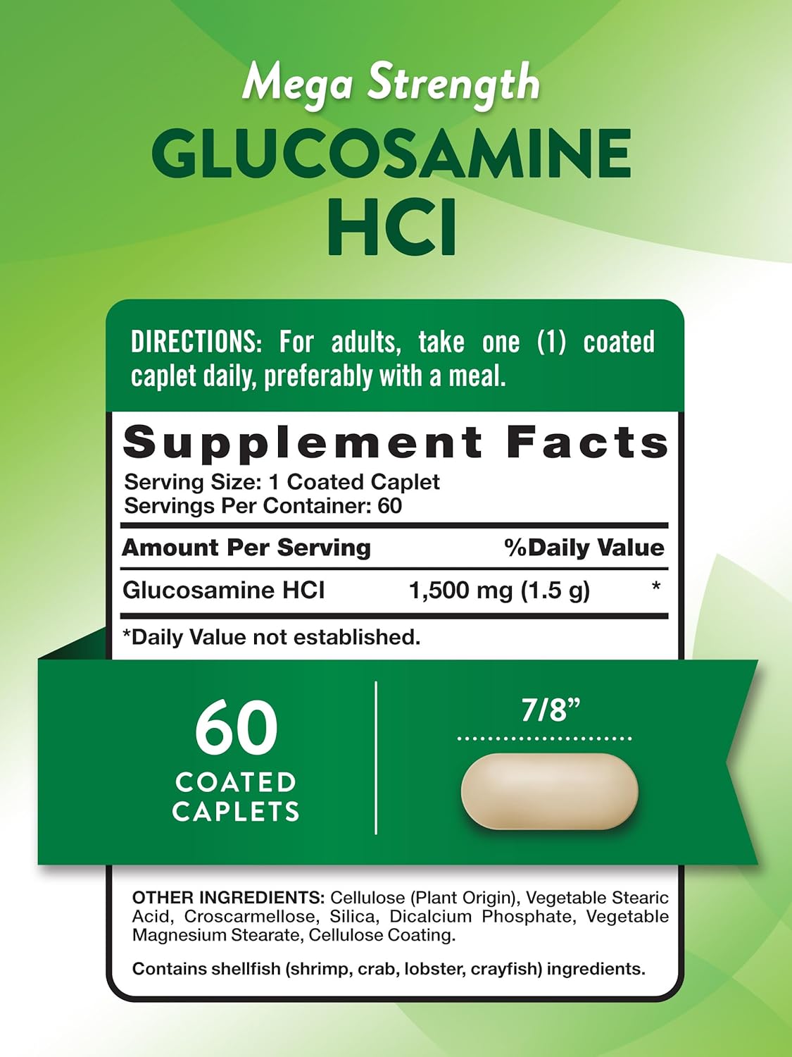 Glucosamine HCI 1500mg Caplets | Mega Strength Supplement | 60 Count | Non-GMO & Gluten Free