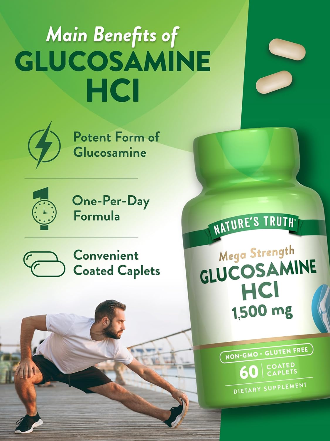 Glucosamine HCI 1500mg Caplets | Mega Strength Supplement | 60 Count | Non-GMO & Gluten Free