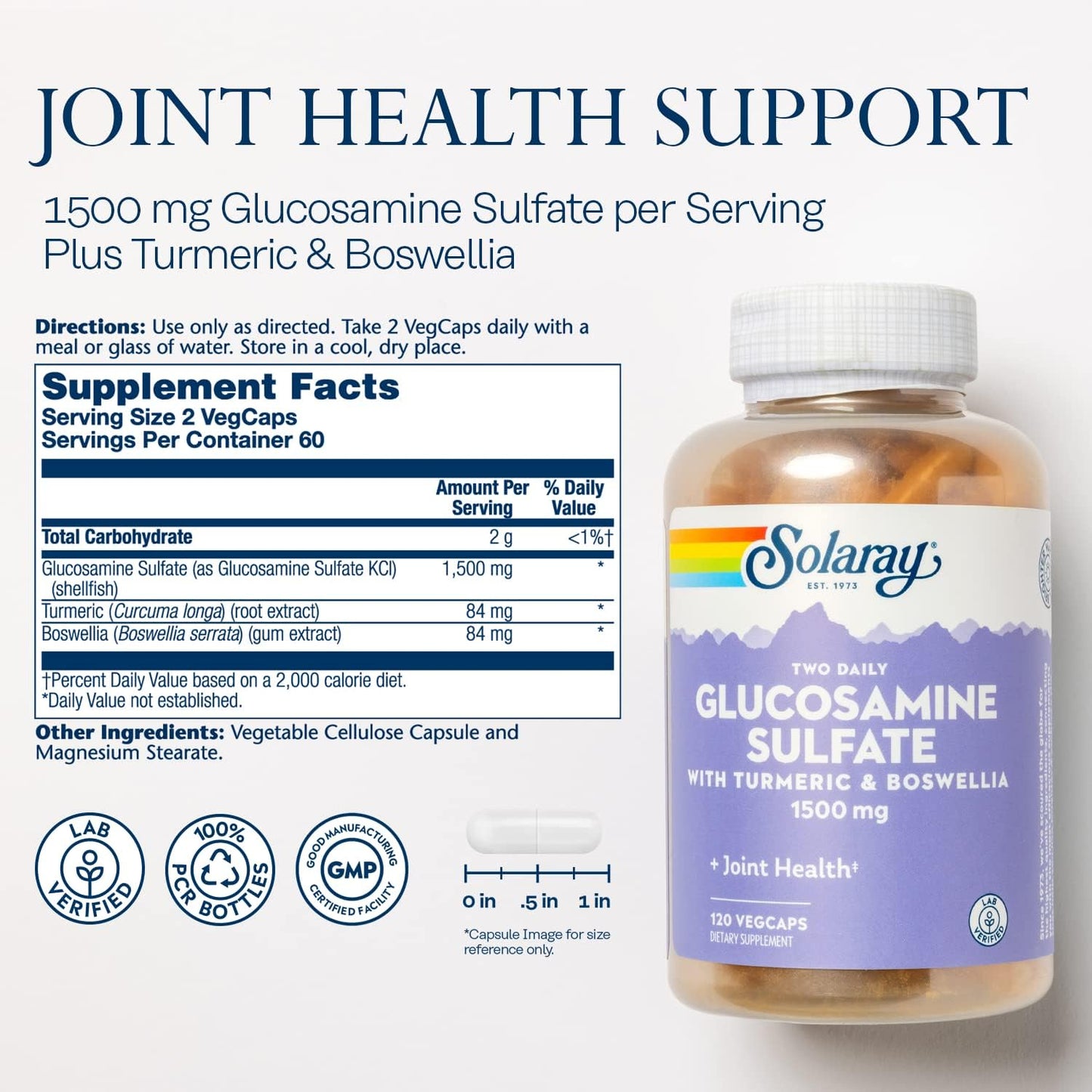 Glucosamine Sulfate 1500mg Joint Support Supplement with Turmeric & Boswellia - 120 VegCaps, 60 Servings, Money Back Guarantee