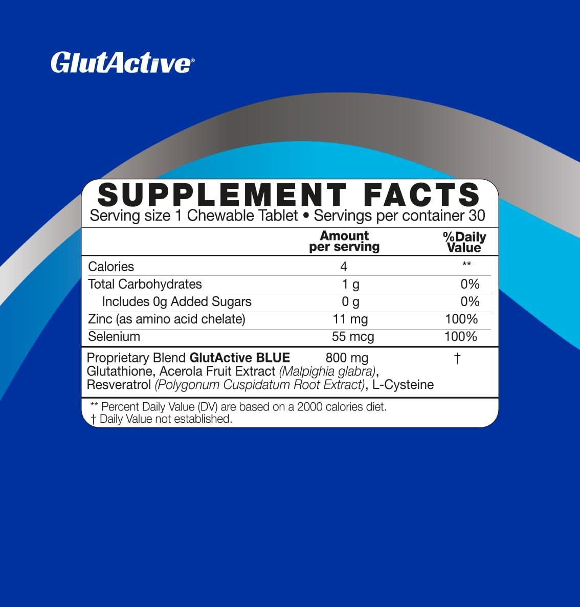 GlutActive Blue 800mg Chewable Tablets with Glutathione, Antioxidants, and Immunity Boosters - Detox, Anti-Aging, Energy Support - 60ct