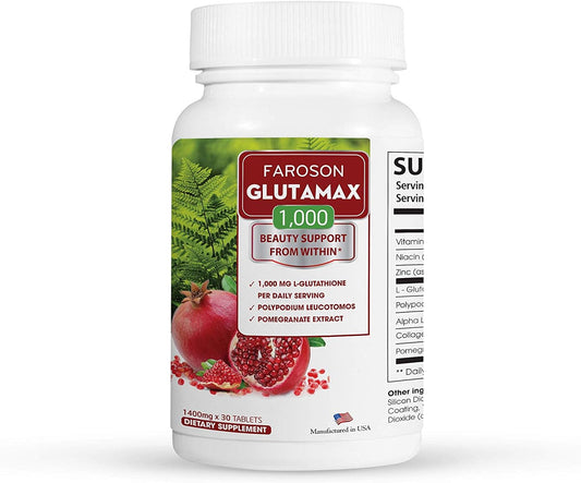 Glutamax Whitening Supplement with Fern & Pomegranate Extract - 1000mg Glutathione for Skin Elasticity and Anti-Aging - 30 Tablets USA Made