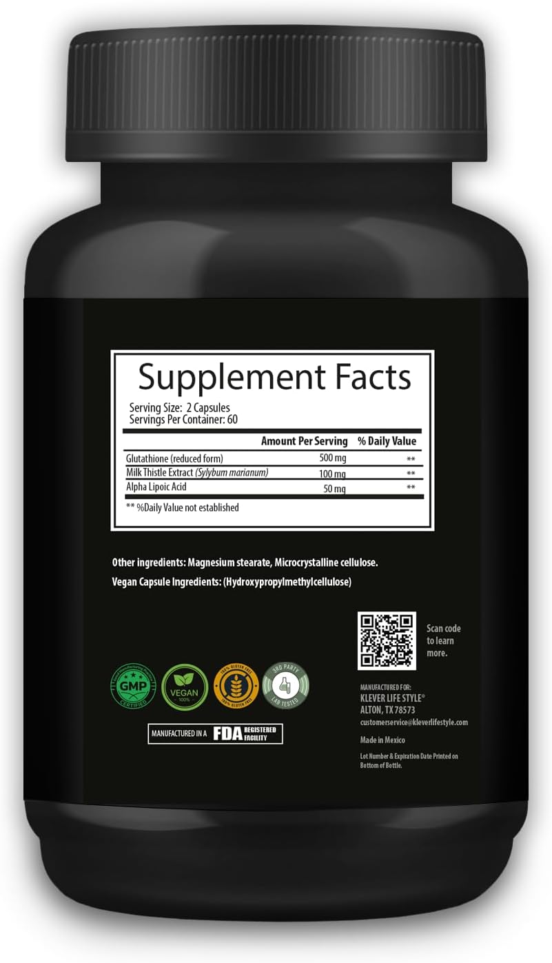 Glutathione Antioxidant Supplement for Cellular Health, Detox, Repair, and Immunity - 120 Capsules, 500mg