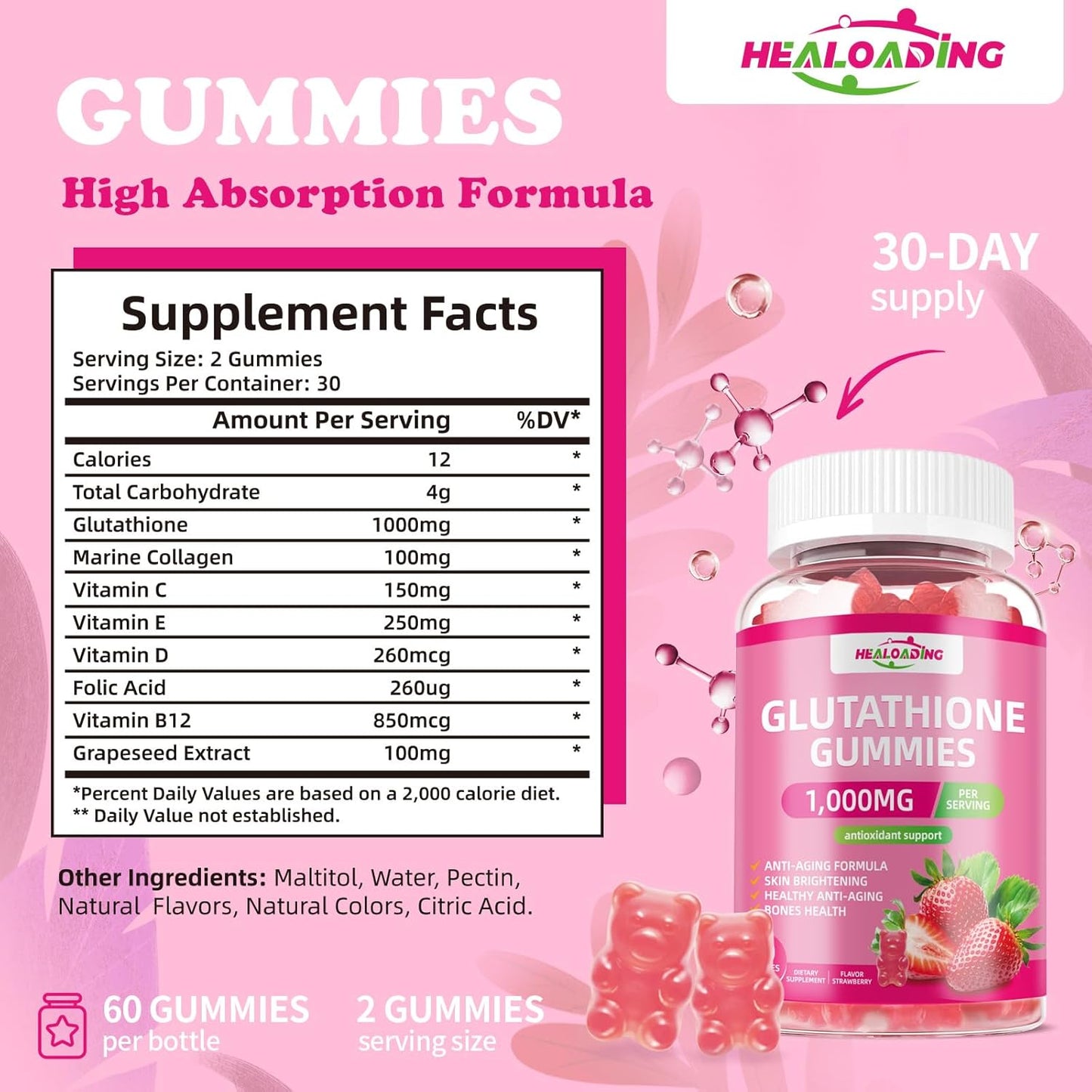 Glutathione Collagen Gummies with Vitamin C, E, D & B12 - 1000mg Antioxidant Formula for Skin Brightening & Anti-Aging