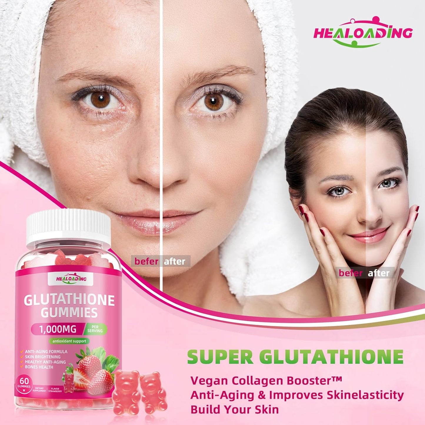 Glutathione Collagen Gummies with Vitamin C, E, D & B12 - 1000mg Antioxidant Formula for Skin Brightening & Anti-Aging