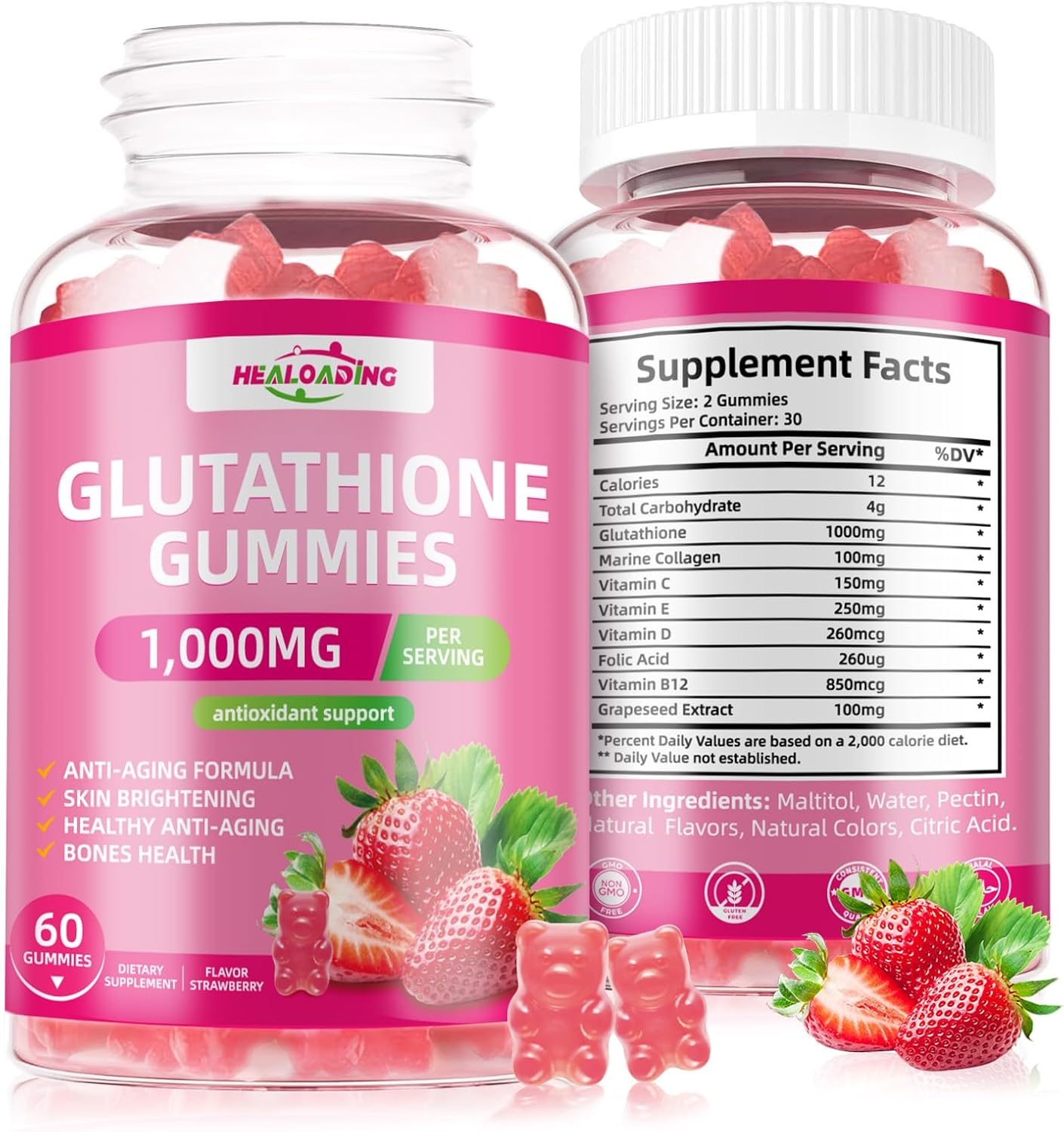 Glutathione Collagen Gummies with Vitamin C, E, D & B12 - 1000mg Antioxidant Formula for Skin Brightening & Anti-Aging