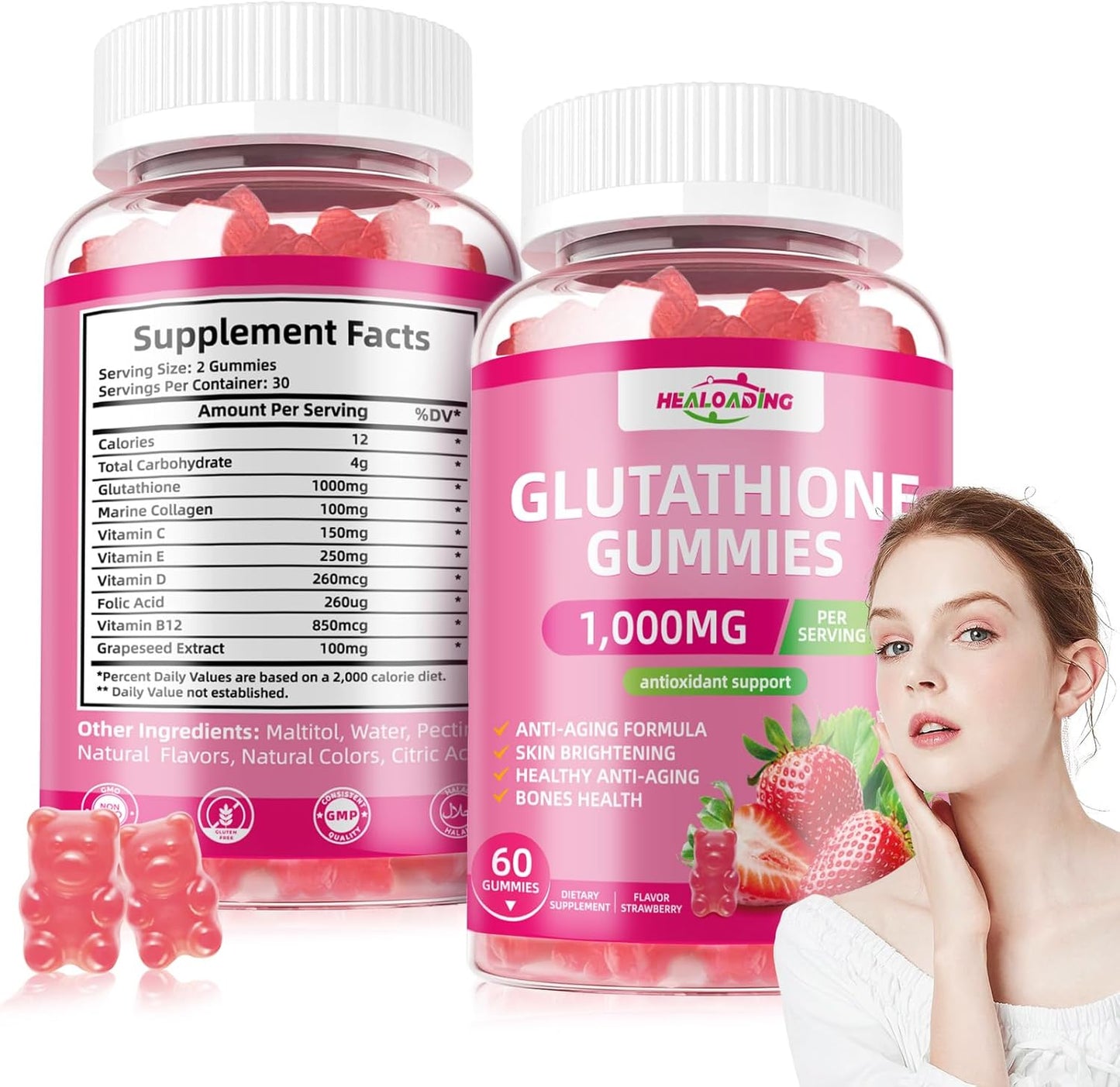 Glutathione Collagen Gummies with Vitamin C, E, D & B12 - 1000mg Antioxidant Formula for Skin Brightening & Anti-Aging