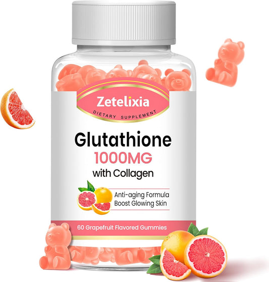Glutathione Collagen Gummies with Vitamin C for Women - Hair, Skin, Nails, Joints - Anti-Aging Supplement, Vegan, Sugar-Free - Grape Flavor, 60 Count