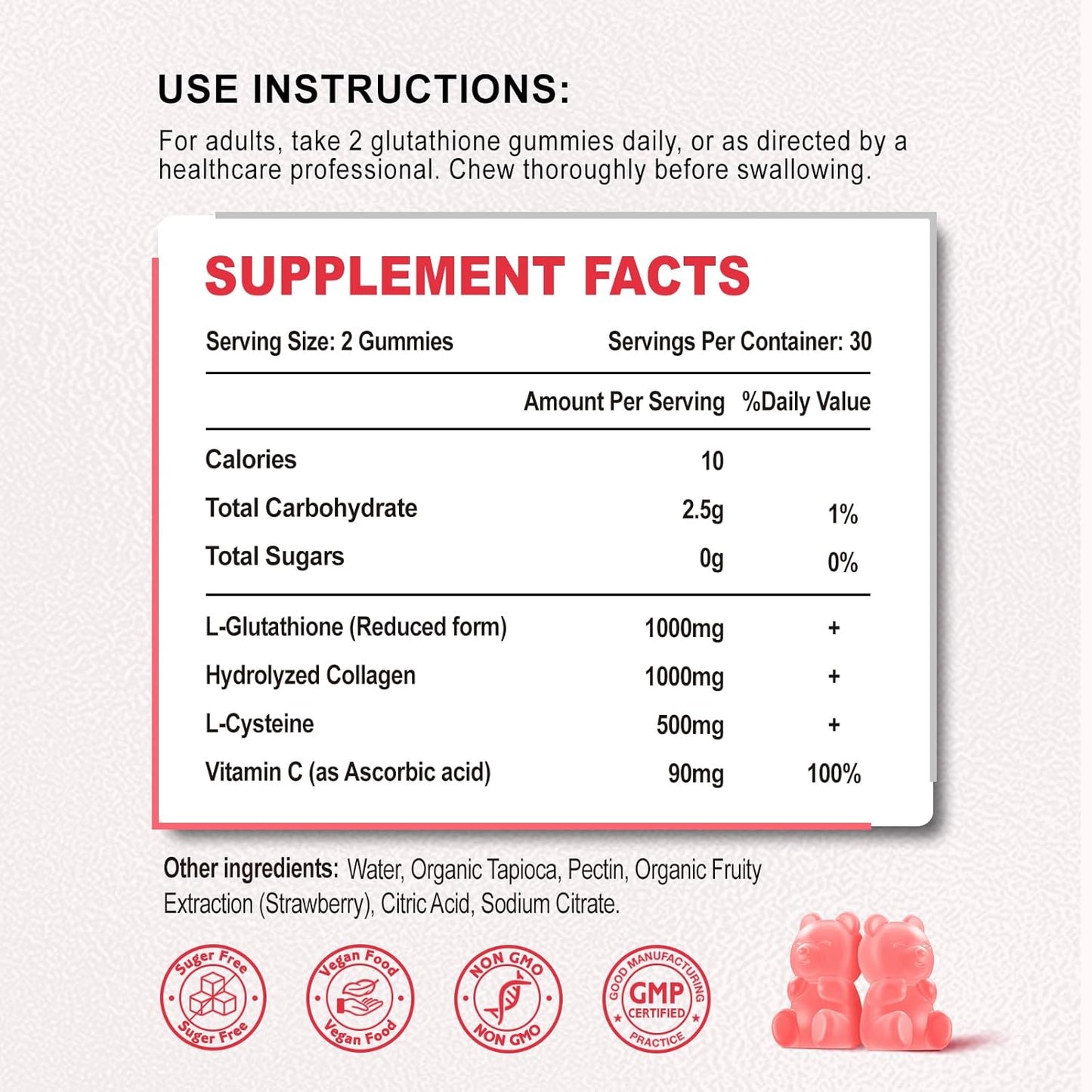 Glutathione Collagen Gummies with Vitamin C for Women - Hair Skin Nails Support - Vegan Anti-Aging Supplement - 60 Sugar-Free Strawberry Gummies
