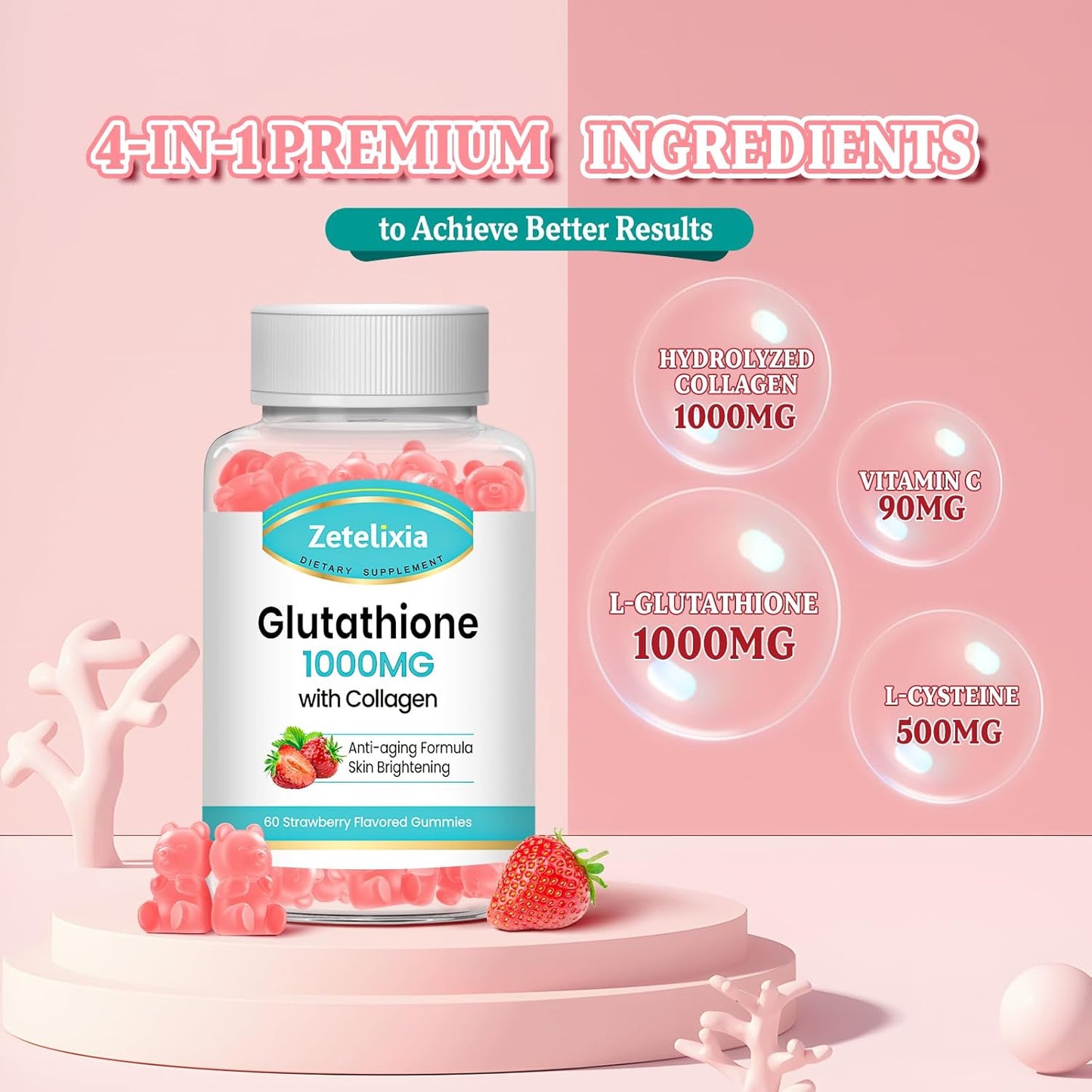Glutathione Collagen Gummies with Vitamin C for Women - Hair Skin Nails Support - Vegan Anti-Aging Supplement - 60 Sugar-Free Strawberry Gummies