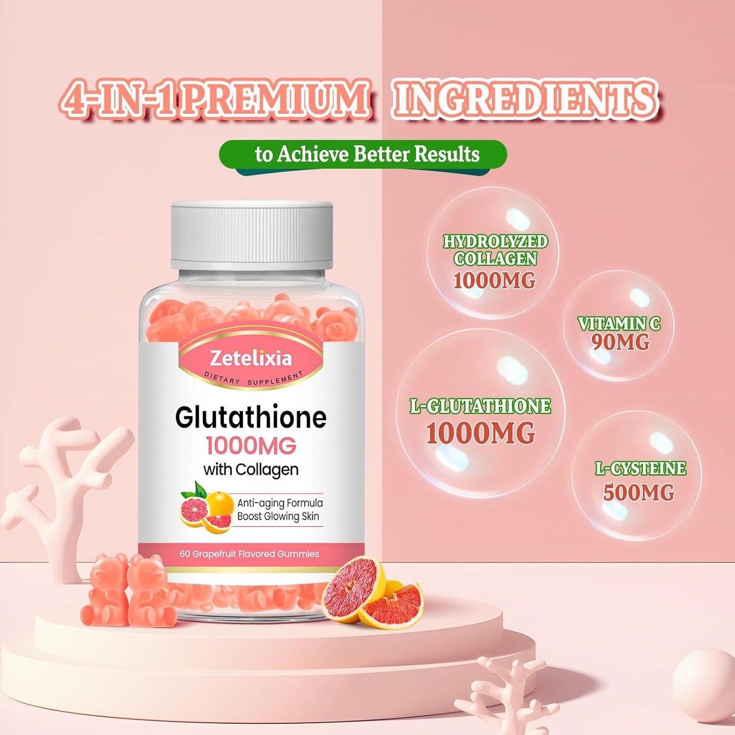 Glutathione Collagen Gummies with Vitamin C for Women - Hair, Skin, Nails, Joints - Anti-Aging Supplement, Vegan, Sugar-Free - Grape Flavor, 60 Count