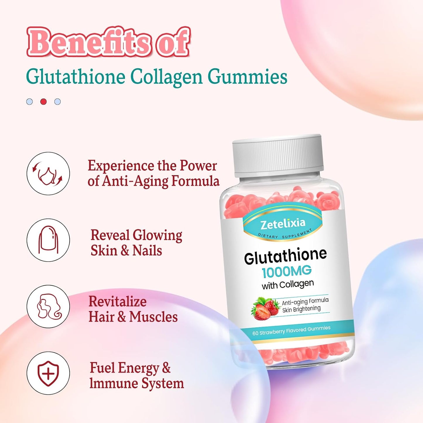 Glutathione Collagen Gummies with Vitamin C for Women - Hair Skin Nails Support - Vegan Anti-Aging Supplement - 60 Sugar-Free Strawberry Gummies