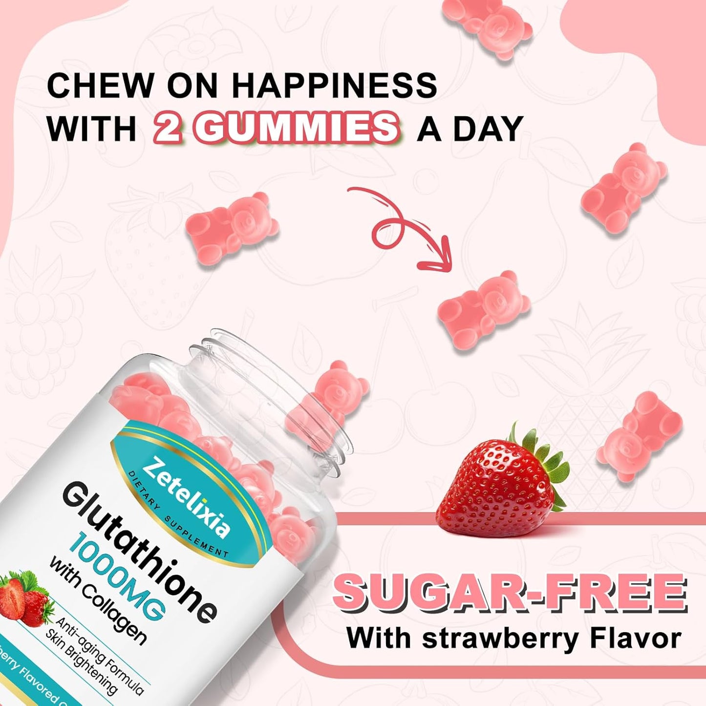 Glutathione Collagen Gummies with Vitamin C for Women - Hair Skin Nails Support - Vegan Anti-Aging Supplement - 60 Sugar-Free Strawberry Gummies