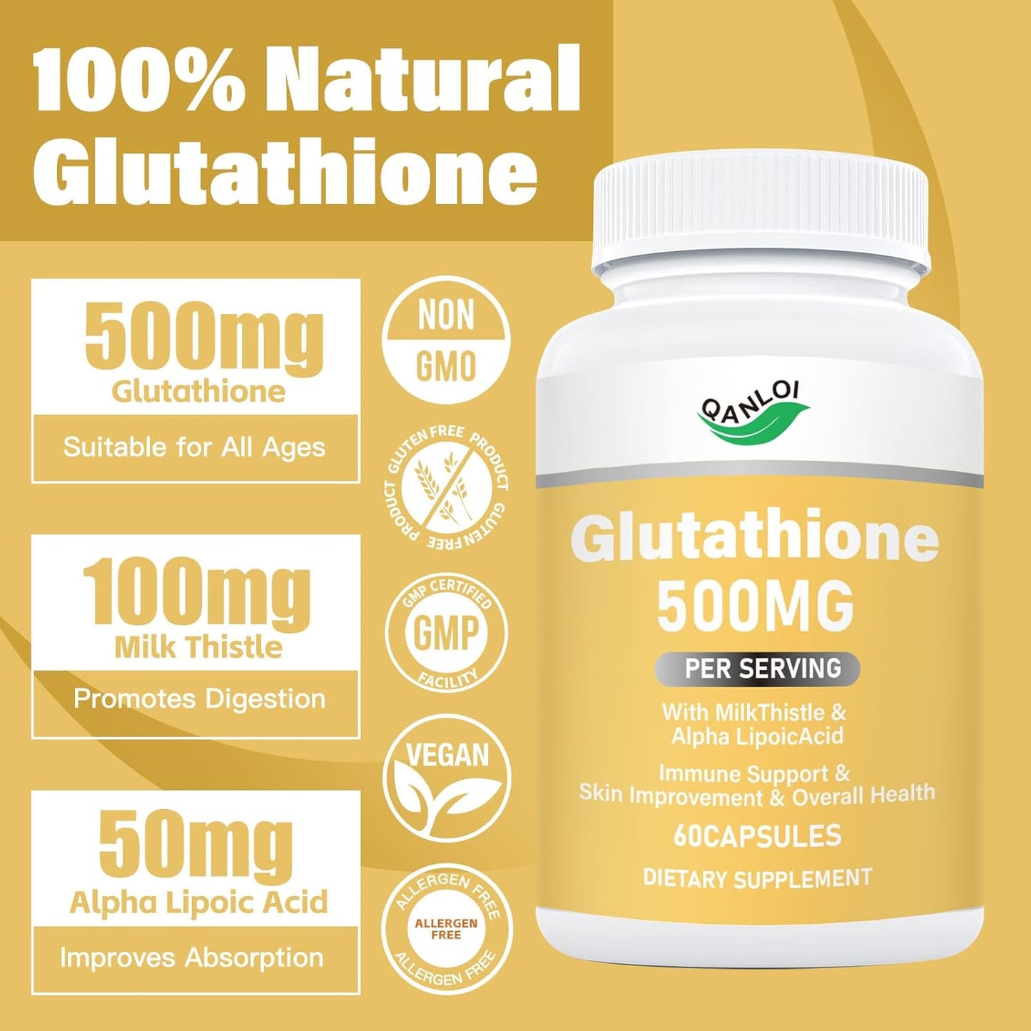 Glutathione Supplement with Milk Thistle & Alpha Lipoic Acid - Immune Support and Skin Improvement - 60 Veggie Capsules