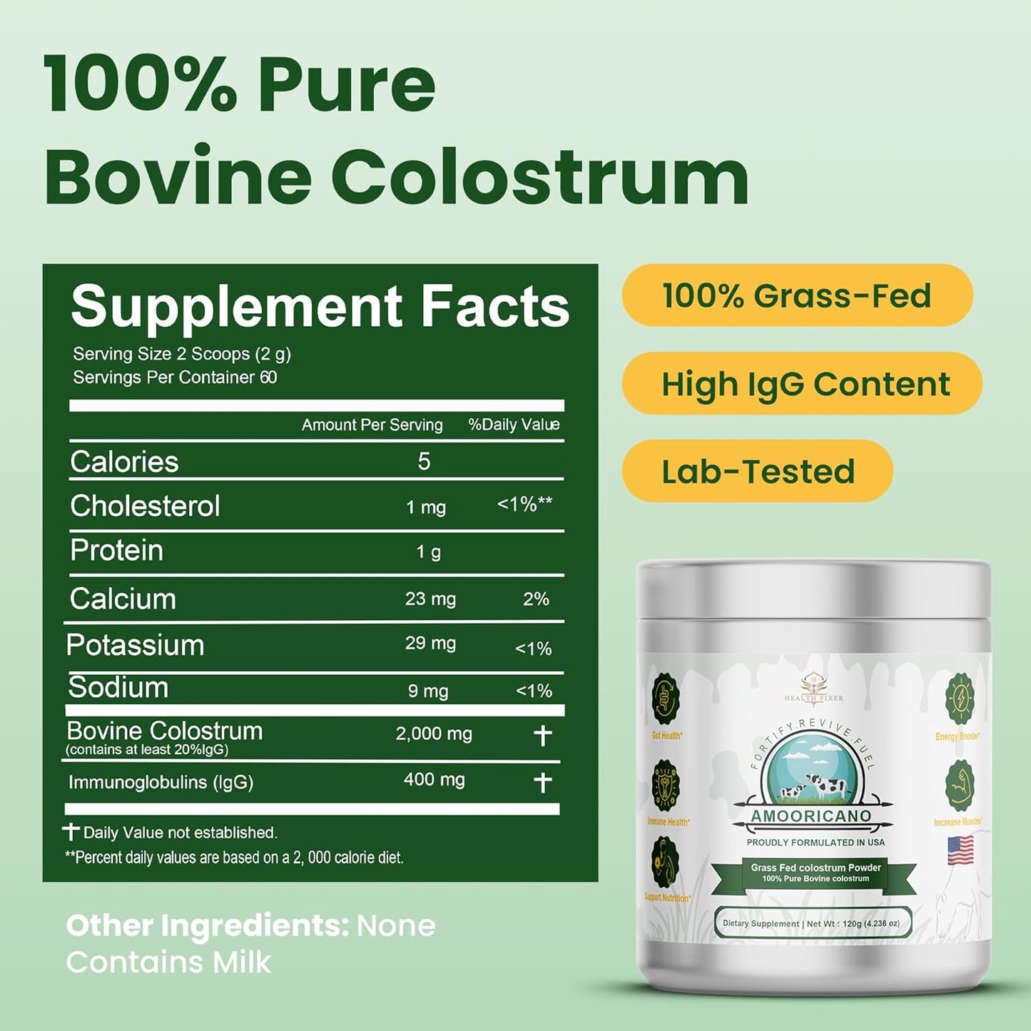 Gluten-Free Bovine Colostrum Powder Supplement for Immune Support, Muscle Recovery, and Wellness - Unflavored Superfood Powder - 60 Servings