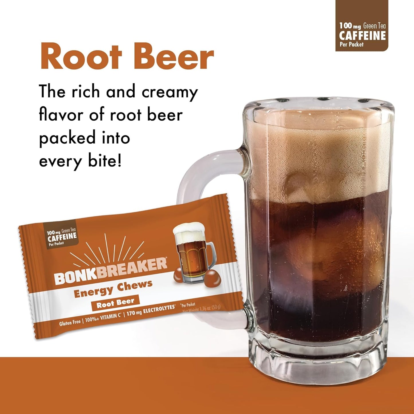 Gluten-Free Dairy-Free Bonk Breaker Energy Chews for Quick Energy and Focus - 10 Packets Root Beer Flavor