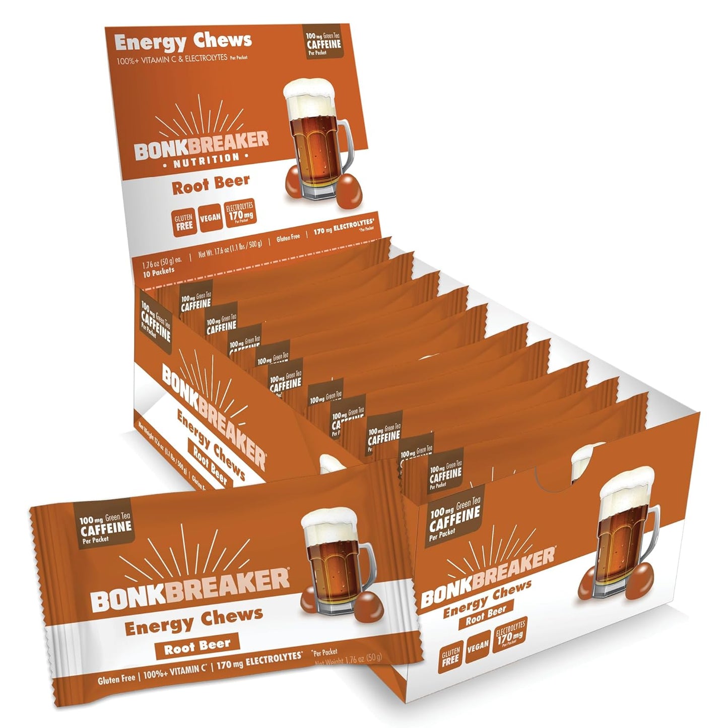 Gluten-Free Dairy-Free Bonk Breaker Energy Chews for Quick Energy and Focus - 10 Packets Root Beer Flavor