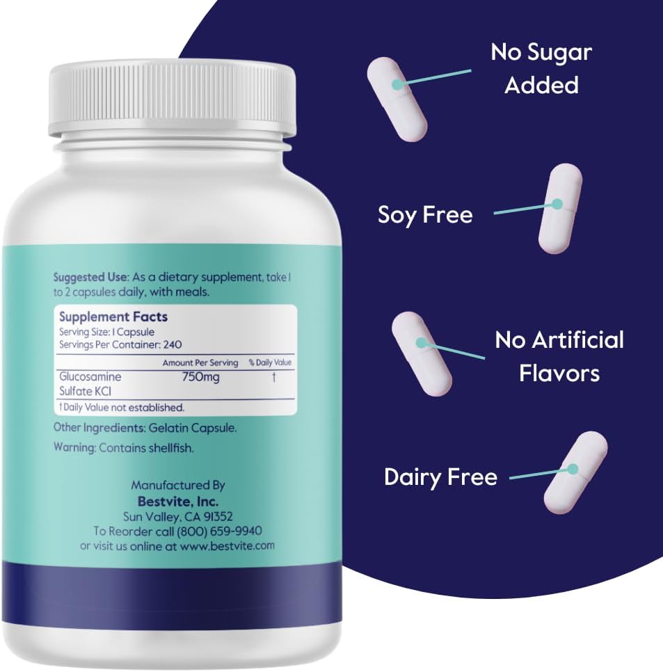 Gluten-Free Glucosamine Sulfate Capsules for Joint Support - 240 Capsules, 750mg - Non GMO, No Stearates