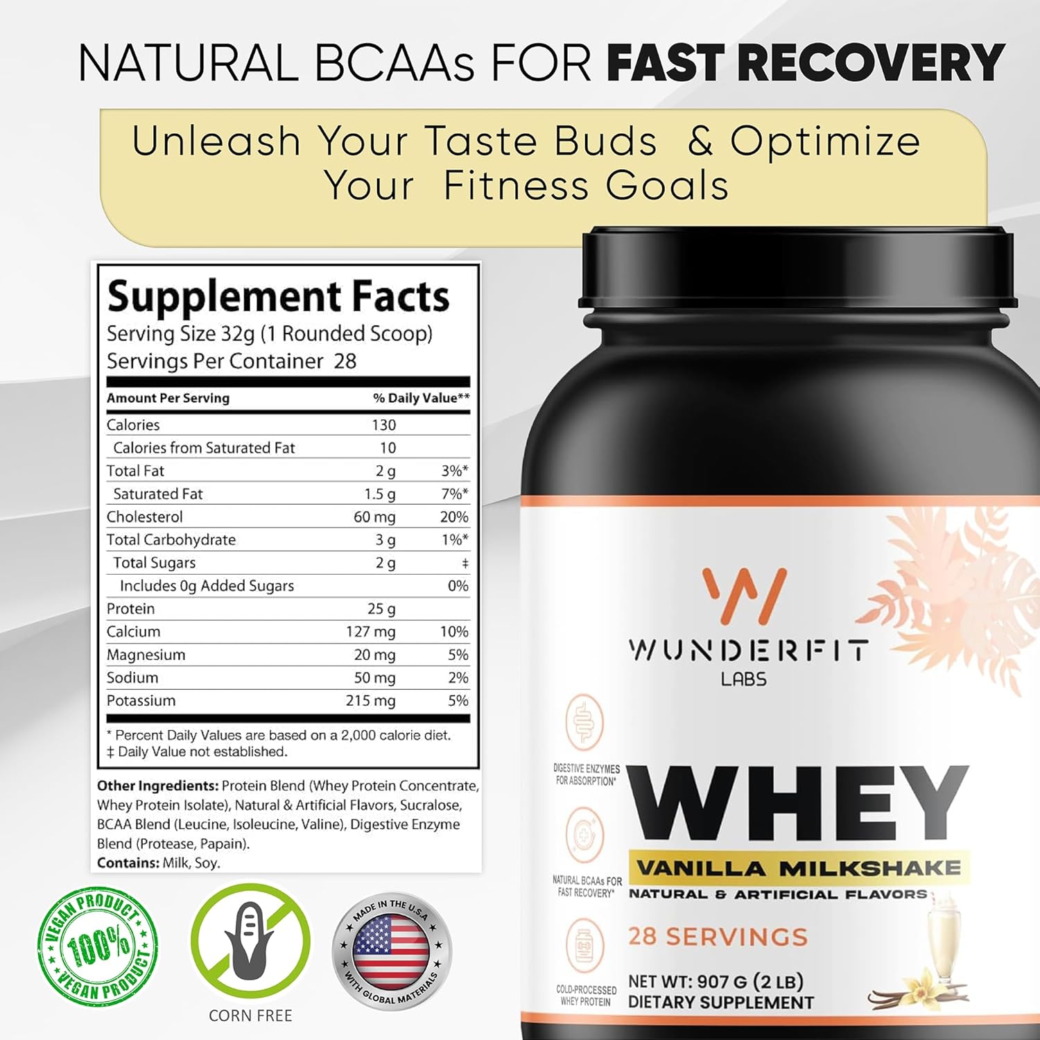 Gluten Free Vanilla Milkshake Whey Protein Powder - 28 Servings by Wunderfit Labs