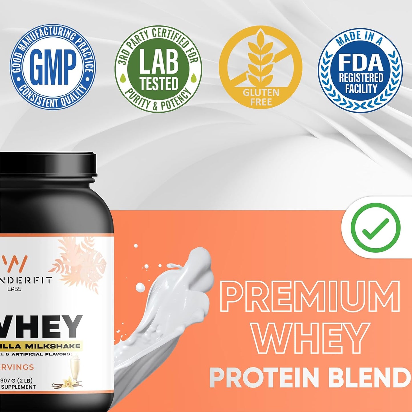 Gluten Free Vanilla Milkshake Whey Protein Powder - 28 Servings by Wunderfit Labs