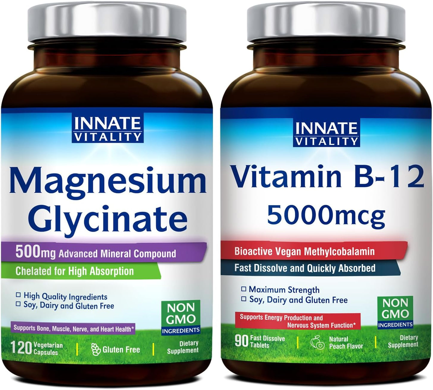 Gluten-Free Vegan Magnesium Glycinate & Vitamin B12 Bundle - 120 Caps & 90 Fast Dissolve Tabs - Value Pack & Save!