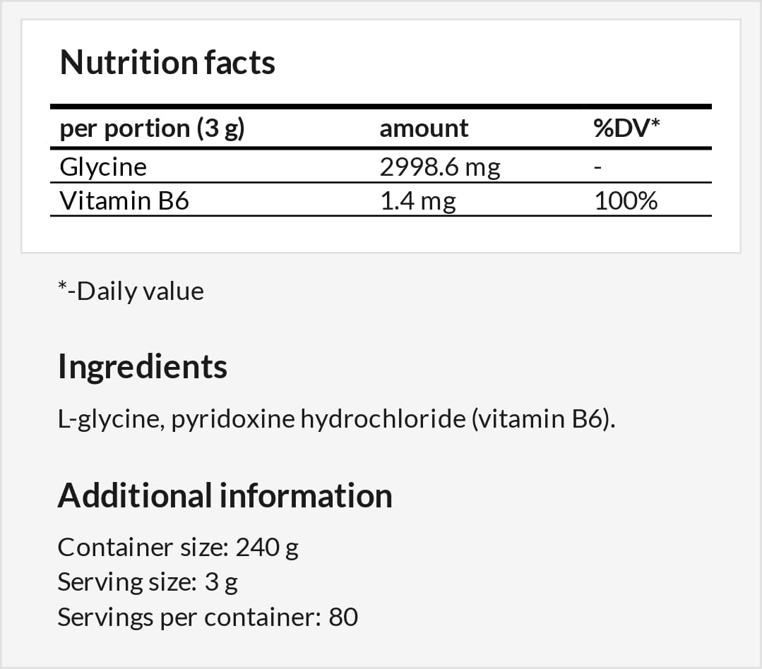 Glycine Powder Supplement with Vitamin B6 - 240g - 80 Servings - Vegan Amino Acid for Evening Calm - MZ