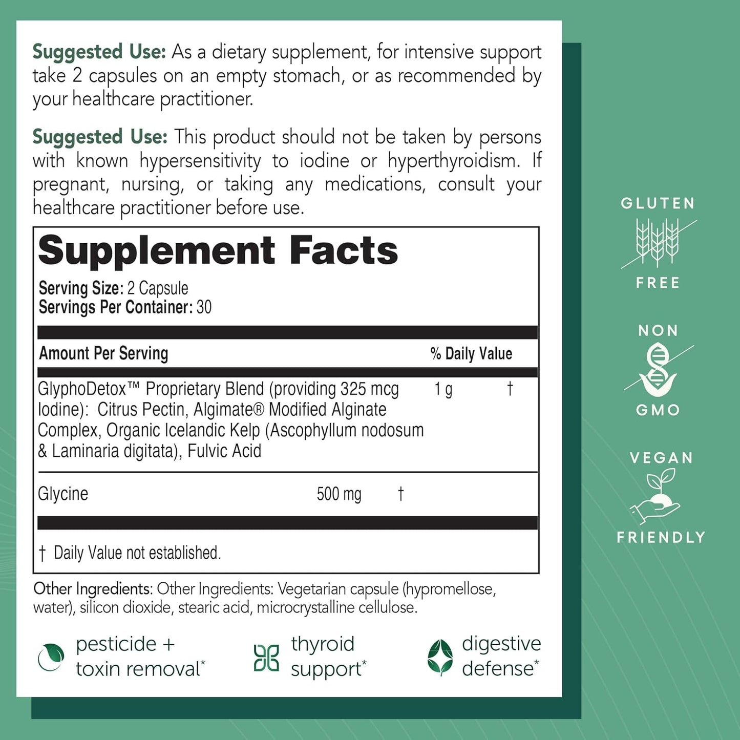 GlyphoDetox Supplement for Men & Women - Remove Glyphosate Pesticides Safely - Detox Formula with Kelp, Citrus Pectin, Algimate, Glycine - 60 Capsules