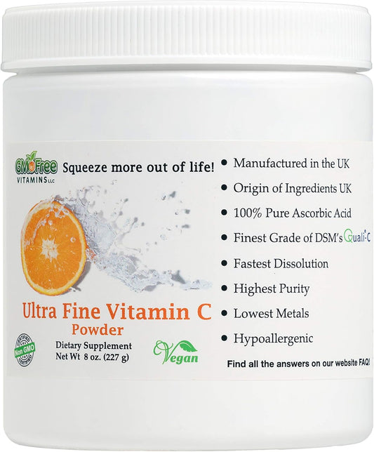 GMO Free Quali-C L-Ascorbic Acid Vitamin C Powder - Vegan, Ultra Fine, Made in UK, UK Ingredients - Highest Bioavailability (8 oz)