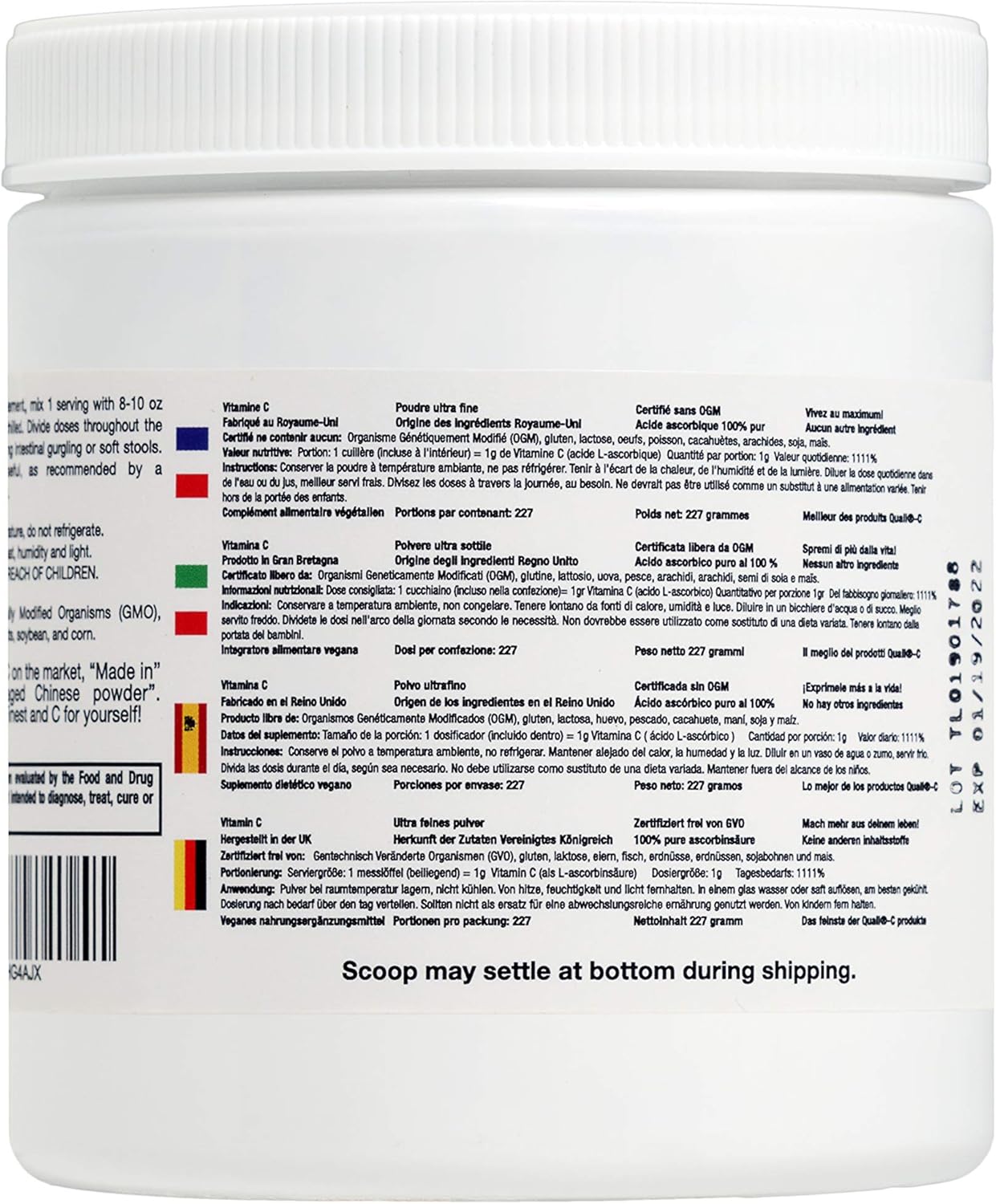 GMO Free Quali-C L-Ascorbic Acid Vitamin C Powder - Vegan, Ultra Fine, Made in UK, UK Ingredients - Highest Bioavailability (8 oz)