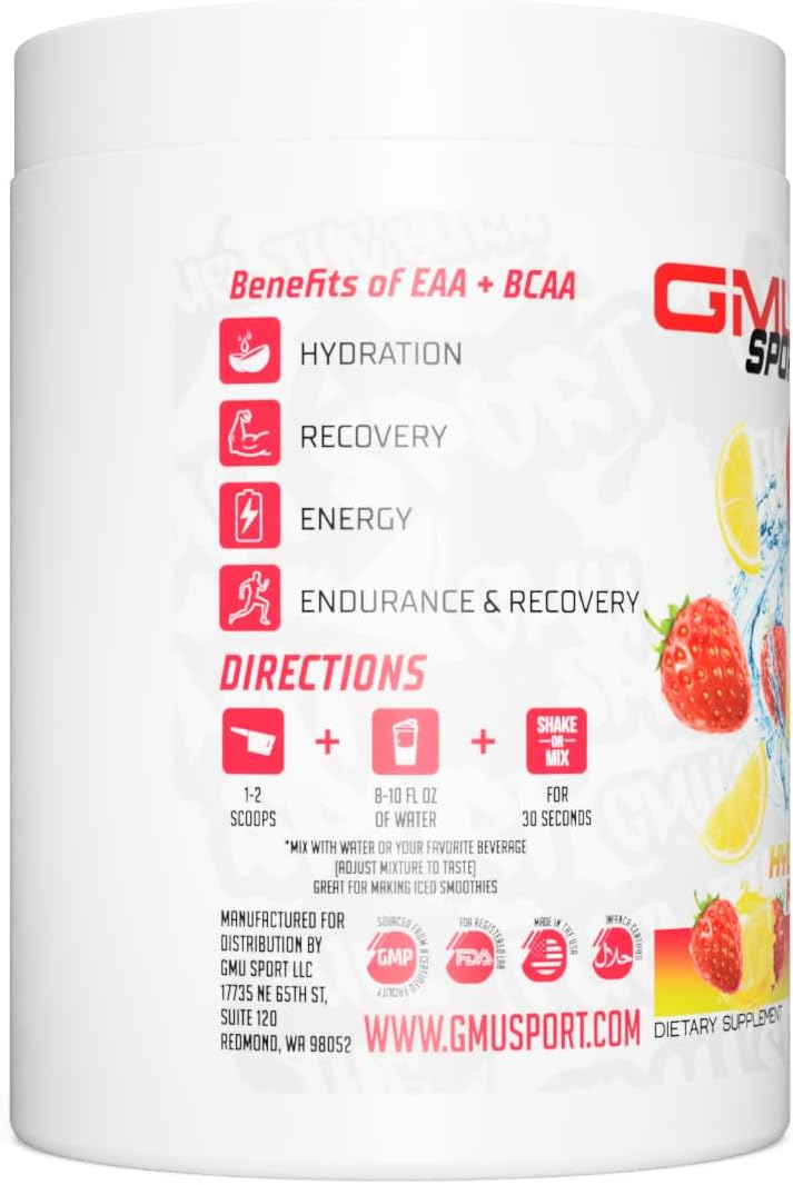 GMU SPORT - BCAA & EAA Hydration Powder - Full Amino Acid Profile for Energy & Recovery - 40 Servings, Electrolyte Drink (Strawberry Lemonade)