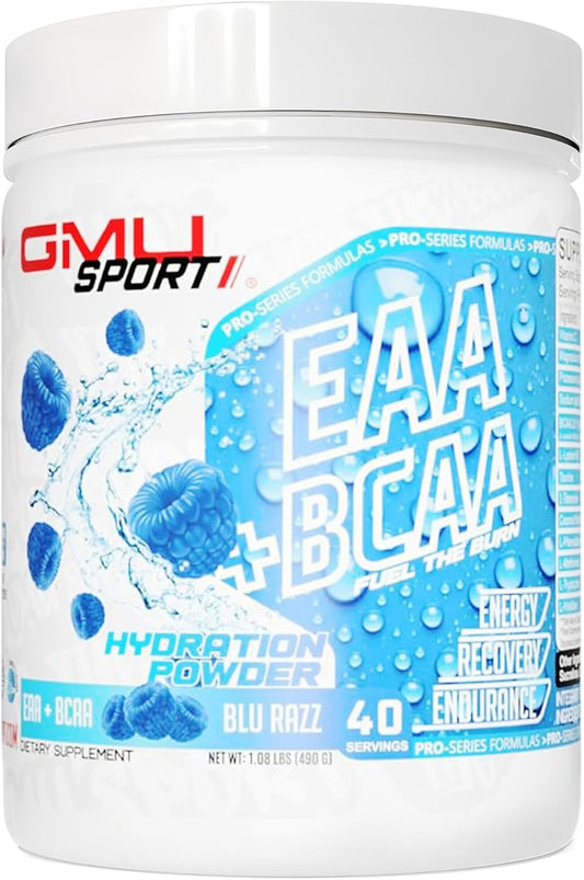 GMU SPORT - Blue Razz Hydration & Recovery Powder with Full Essential Amino Acids Profile - 40 Servings Electrolyte Drink for Athletes