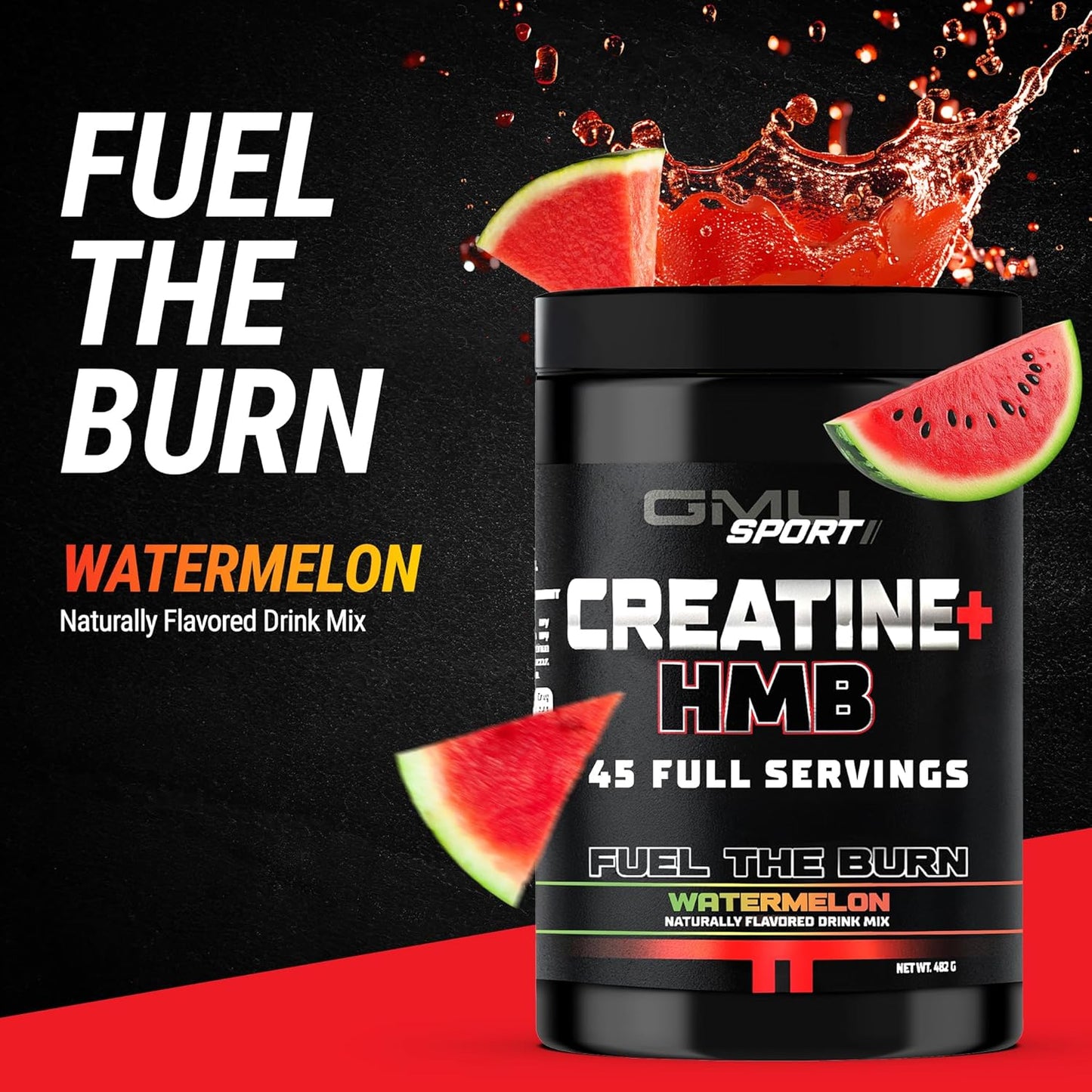GMU SPORT Creatine Monohydrate and HMB Powder Blend for Strength, Muscle Growth, and Energy - 5G Creatine, 3G HMB - Watermelon Flavor