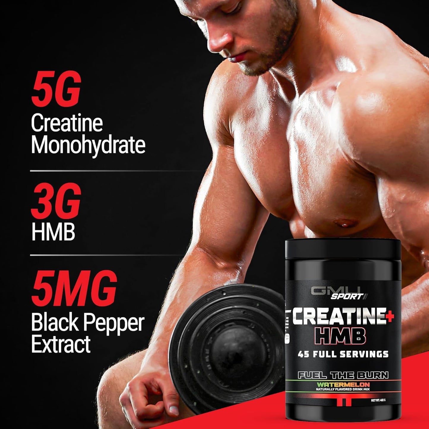 GMU SPORT Creatine Monohydrate and HMB Powder Blend for Strength, Muscle Growth, and Energy - 5G Creatine, 3G HMB - Watermelon Flavor