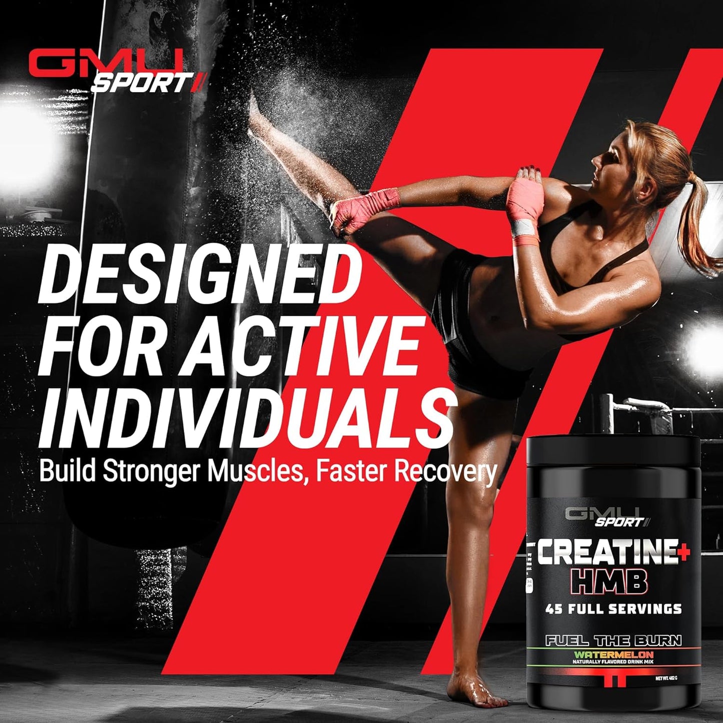 GMU SPORT Creatine Monohydrate and HMB Powder Blend for Strength, Muscle Growth, and Energy - 5G Creatine, 3G HMB - Watermelon Flavor