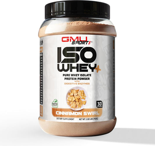 GMU SPORT Whey Isolate Protein Powder - 2 LB with Collagen Peptides, Digestive Enzymes & BCAAs - Cinnamon Swirl Flavor