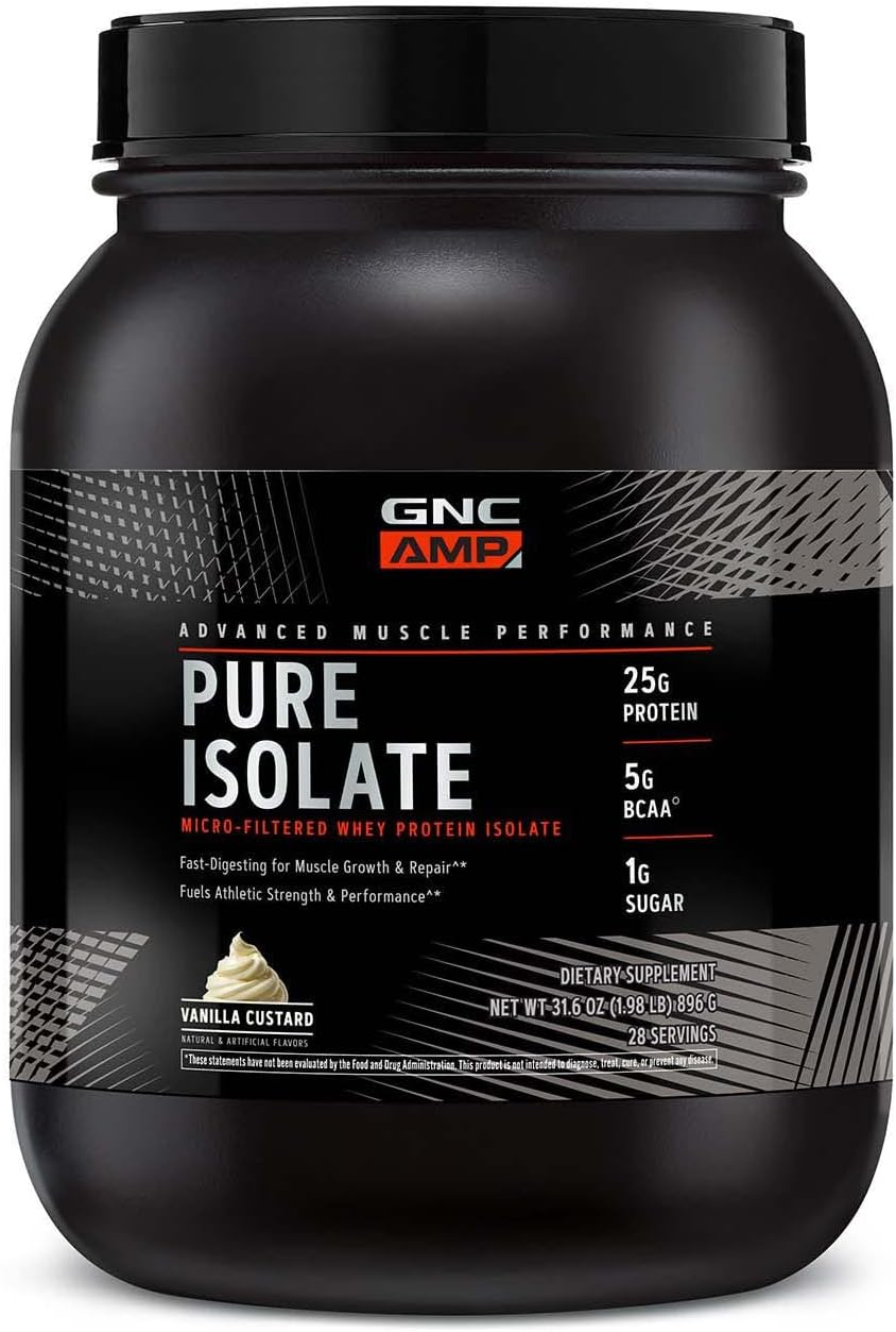 GNC AMP Pure Isolate Protein Powder - Vanilla Custard Flavor | 25g Protein, 5g BCAA | Boosts Athletic Performance & Muscle Growth | 28 Servings