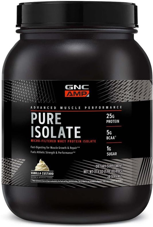 GNC AMP Pure Isolate Protein Powder - Vanilla Custard Flavor | 25g Protein, 5g BCAA | Boosts Athletic Performance & Muscle Growth | 28 Servings