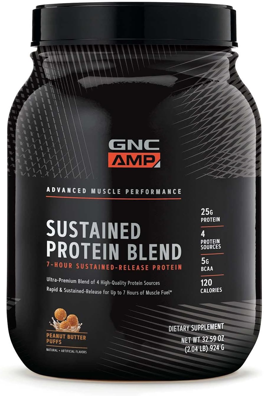 GNC AMP Sustained Protein Blend - Peanut Butter Puffs, 28 Servings, Gluten Free, 4 Protein Sources for Muscle Building & Exercise