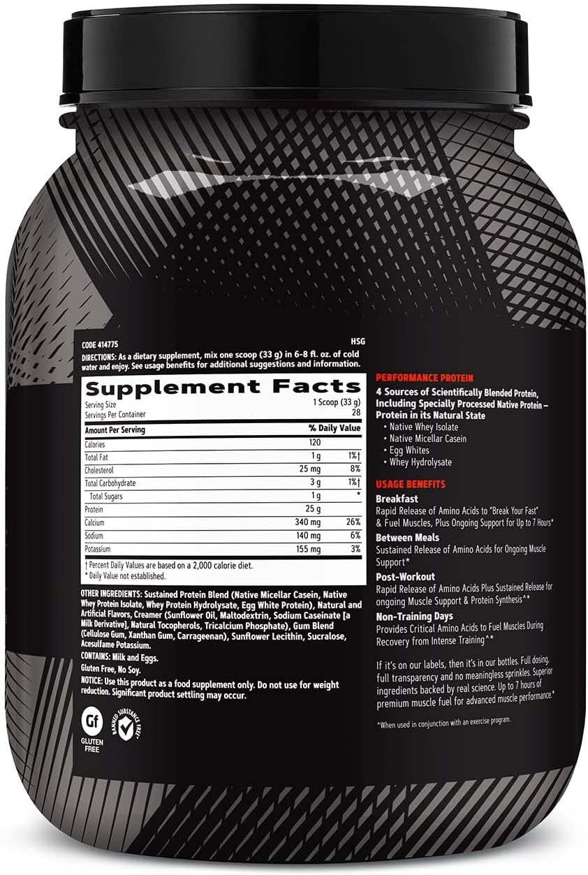 GNC AMP Sustained Protein Blend - Peanut Butter Puffs, 28 Servings, Gluten Free, 4 Protein Sources for Muscle Building & Exercise