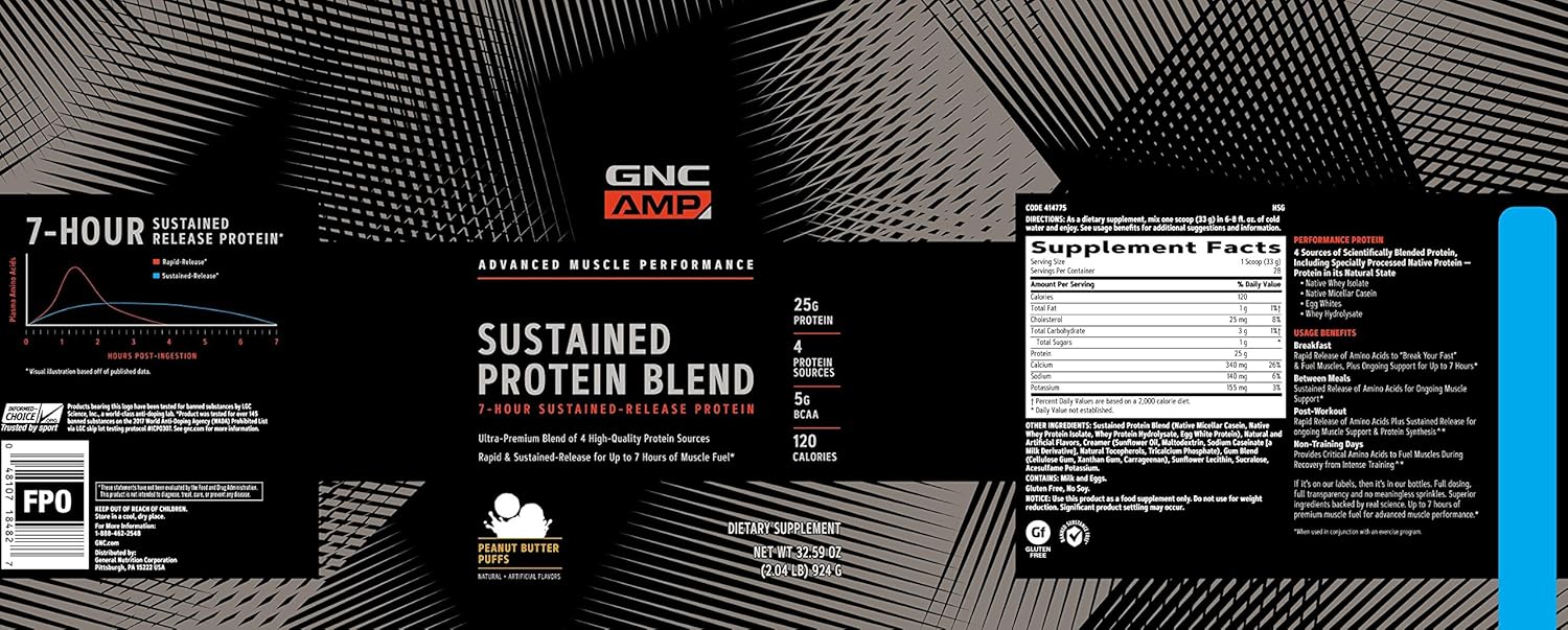 GNC AMP Sustained Protein Blend - Peanut Butter Puffs, 28 Servings, Gluten Free, 4 Protein Sources for Muscle Building & Exercise