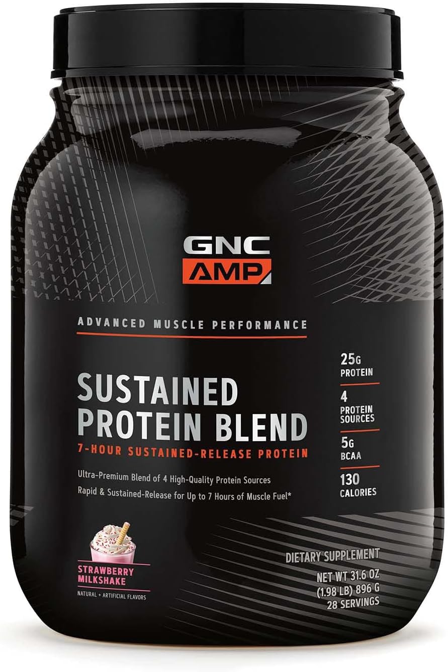 GNC AMP Sustained Protein Blend - Strawberry Milkshake Flavor - Gluten Free - 28 Servings - Muscle Building Formula with 4 Protein Sources