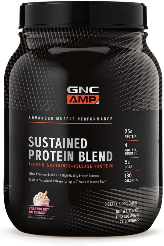 GNC AMP Sustained Protein Blend - Strawberry Milkshake Flavor - Gluten Free - 28 Servings - Muscle Building Formula with 4 Protein Sources