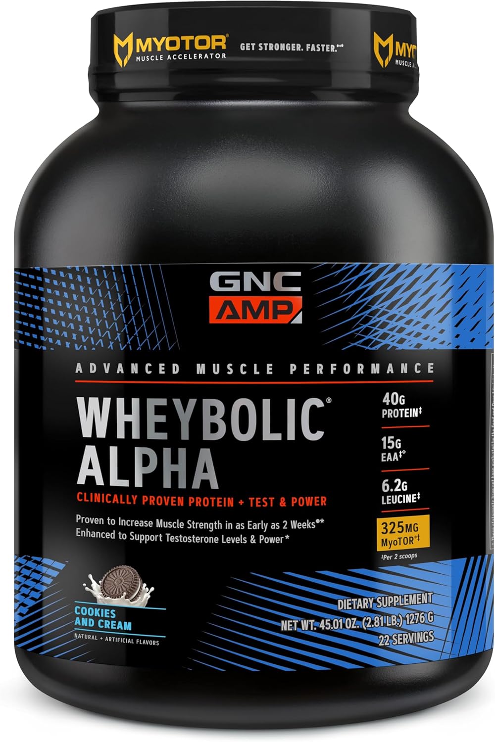 GNC AMP Wheybolic Alpha Whey Protein Powder: Cookies and Cream Flavor, 40g Protein, Muscle-Building BCAA Formula with MyoTOR for Workouts (22 Servings)