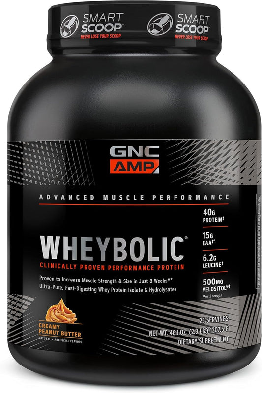 GNC AMP Wheybolic: Muscle Building Whey Protein Isolate with BCAA, Gluten Free, Creamy Peanut Butter Flavor - 25 Servings