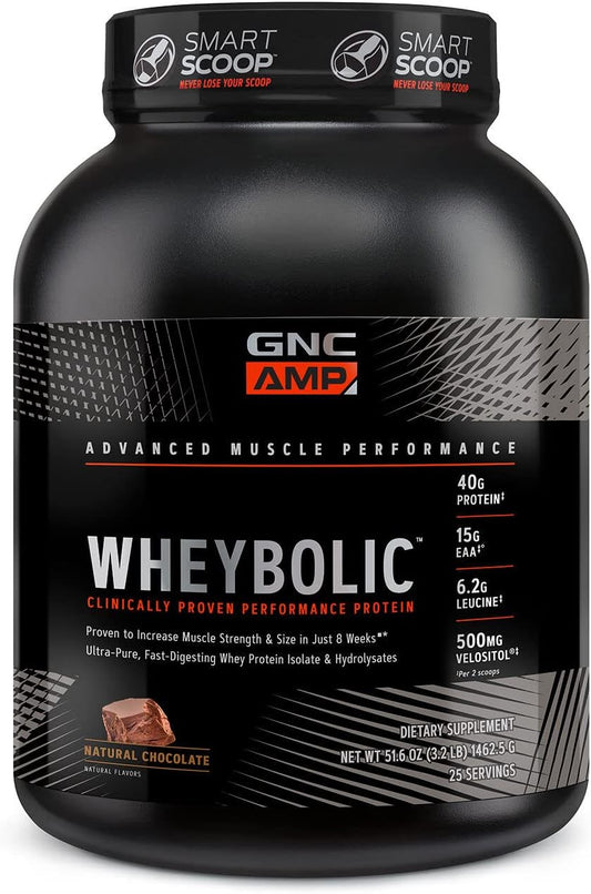 GNC AMP Wheybolic Whey Protein Powder Isolate: Muscle Building Formula with BCAA, Gluten Free, Natural Chocolate Flavor | 25 Servings