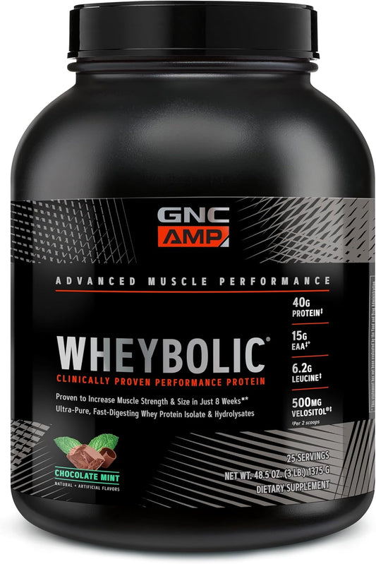 GNC AMP Wheybolic Whey Protein Powder Isolate with BCAA - Chocolate Mint Flavor - Gluten-Free Muscle Building Formula - 25 Servings