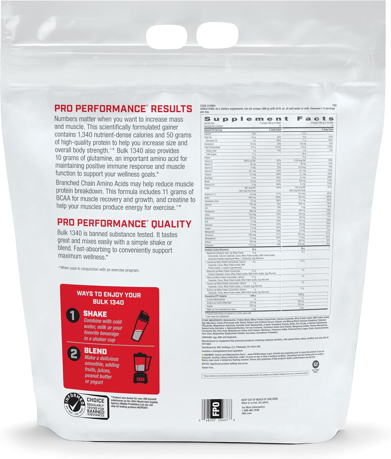 GNC Pro Performance Bulk 1340 Mass Gainer Protein Powder - High Calorie Formula for Muscle Energy and Growth - Gluten Free with Banned Substance Testing