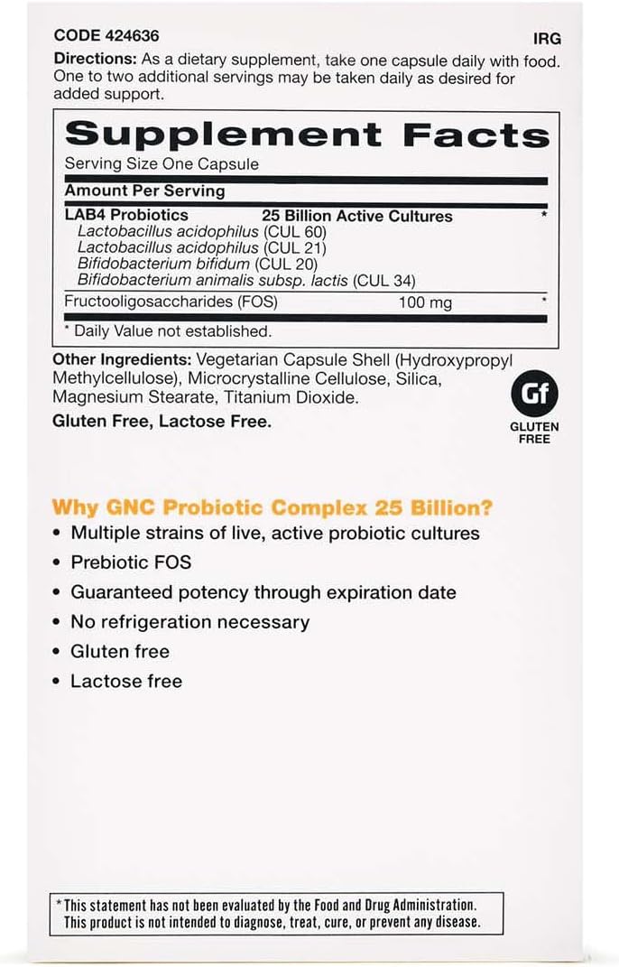 GNC Probiotic Complex - 25 Billion CFUs, 60 Capsules, Daily Probiotic Supplement